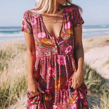 Load image into Gallery viewer, Bohemian Mini Dress, Boho Sundress,Red Floral Print
