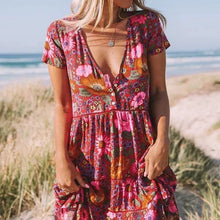 Load image into Gallery viewer, Bohemian Mini Dress, Boho Dress,Red Floral Print
