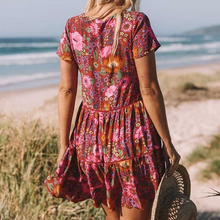 Load image into Gallery viewer, Bohemian Mini Dress, Boho Dress,Red Floral Print
