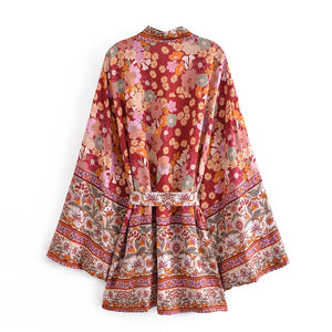 Red Floral Print ,Bohemian kimono ,Boho short robe Kimono