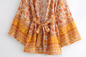 Yellow Floral Print ,Boho Kimono,Bikini Cover-ups