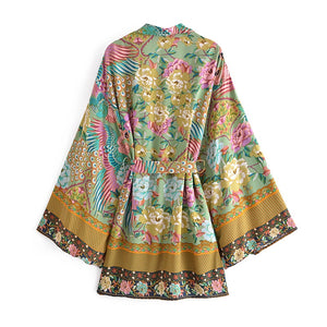 Green Peacock Floral Print ,bohemian kimono ,Boho robe Cover-ups