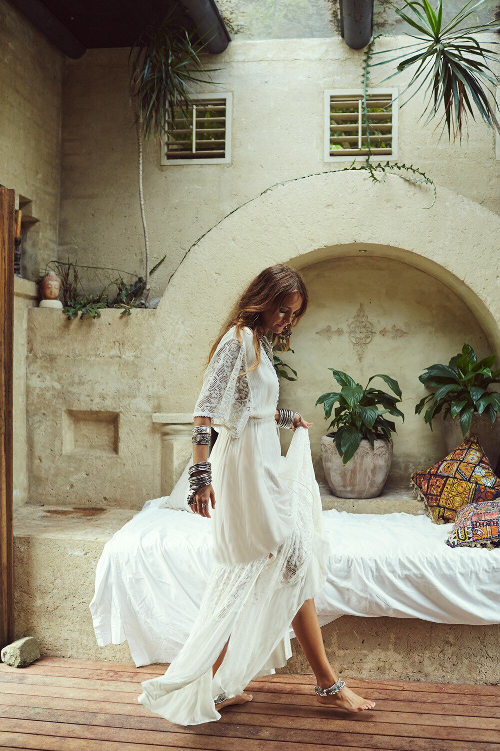 White Lace Cotton Bohemian Maxi Dress ,Boho Sundress