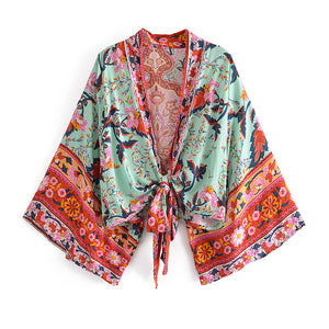 Peacock Floral Print, short  Kimono , beach Cover-ups