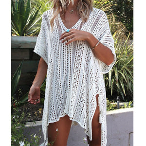 Solid Hollow Out, Bohemian Mini Dress,Boho Cover-ups