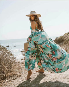 Boho Cover-ups, Kimono Robe,Green Crane Floral