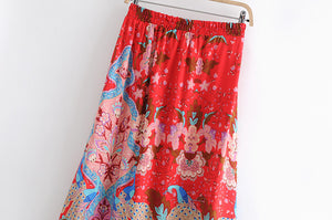 Red Floral Peacock Skirt, Maxi Skirt,Boho Skirt