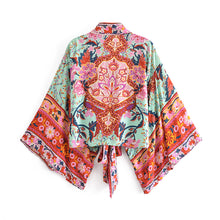 Load image into Gallery viewer, Peacock Floral Print, short  Kimono , beach Cover-ups
