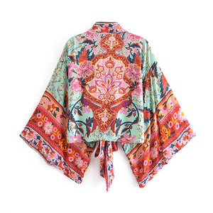 Peacock Floral Print, short  Kimono , beach Cover-ups