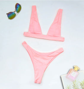 Solid High Waist， Bikini Swimsuit ， Swim Beachwear