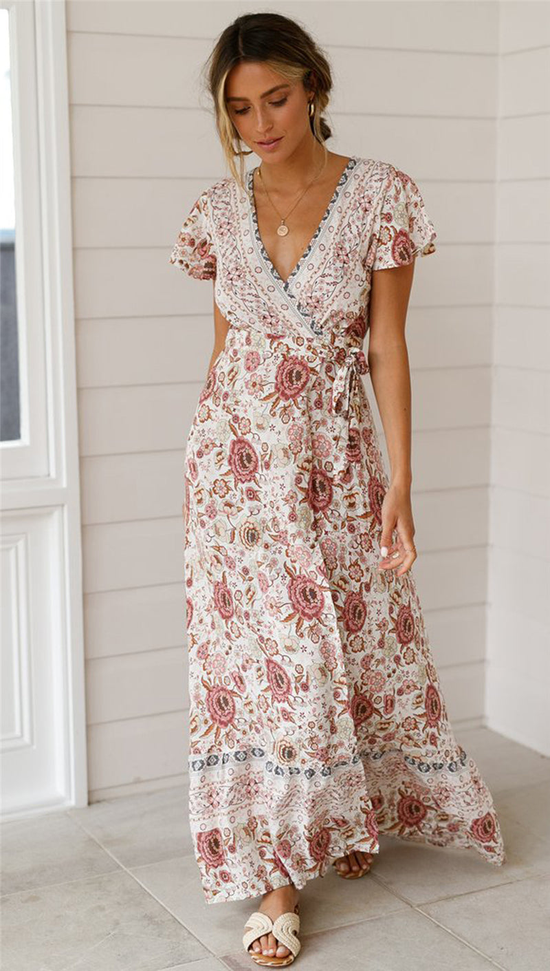 Wholesale S-3XL Women Bohemia V-neck Floral Print Maxi Dress