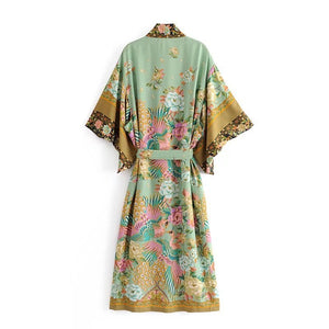 Boho Robe, Kimono Cover-Ups,Green Peacock