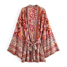 Load image into Gallery viewer, Red Floral Print ,Bohemian kimono ,Boho short robe Kimono
