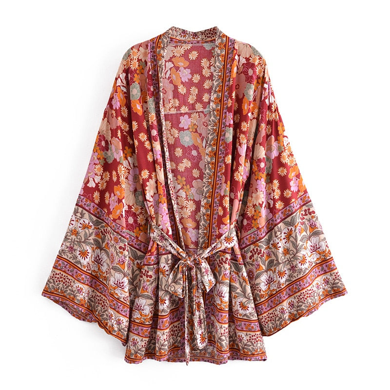 Red Floral Print ,Bohemian kimono ,Boho short robe Kimono