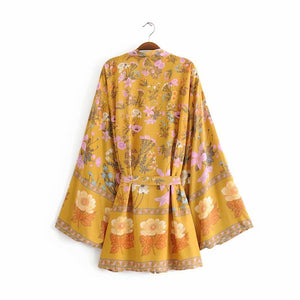 Boho Short Robe, Kimono Robe,Alisa Yellow Floral