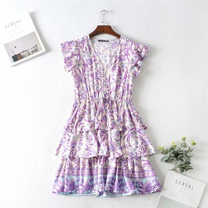 Mini Dress, Boho Dress,Purple Floral Print