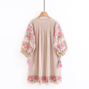 Linen Boho Dress,Flower Embroidery Bohemian Dress