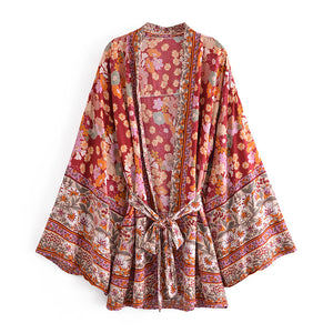 Red Floral Print ,Bohemian kimono ,Boho short robe Kimono