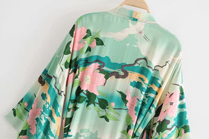 Boho Cover-ups, Kimono Robe,Green Crane Floral