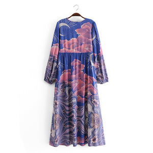 Star and Moon Print Boho Dress,Bohemian Maxi Sundress