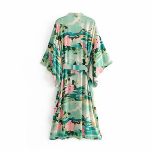 Boho Cover-ups, Kimono Robe,Green Crane Floral