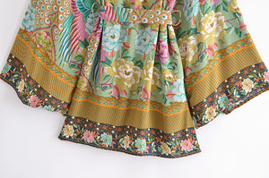 Green Peacock Floral Print ,bohemian kimono ,Boho robe Cover-ups
