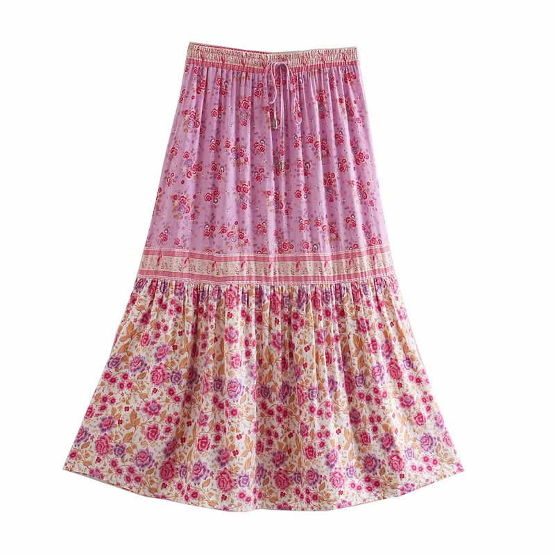 Pink Floral Printed,Midi Skirt,Boho Skirt