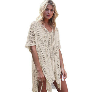 Solid Hollow Out, Bohemian Mini Dress,Boho Cover-ups