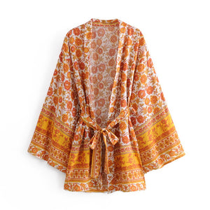 Yellow Floral Print ,Boho Kimono,Bikini Cover-ups