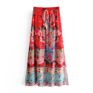 Red Floral Peacock Skirt, Maxi Skirt,Boho Skirt