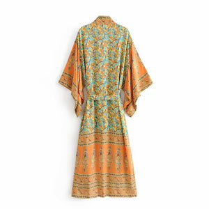 Yellow Floral Print,Bohemian Kimono, Boho Maxi Dress