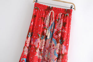 Red Floral Peacock Skirt, Maxi Skirt,Boho Skirt