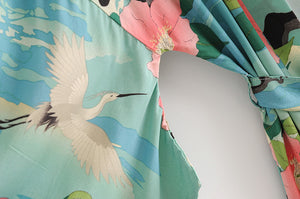 Boho Robe,Short Kimono ,Crane Floral Print