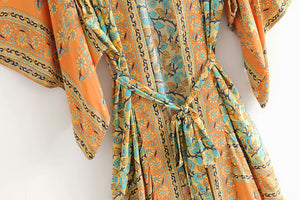 Yellow Floral Print,Bohemian Kimono, Boho Maxi Dress
