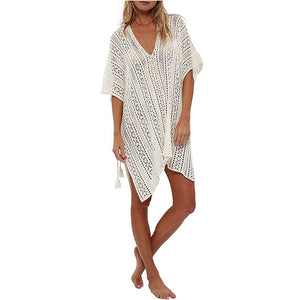 Solid Hollow Out, Bohemian Mini Dress,Boho Cover-ups