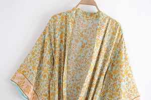 Golden floral print ,Boho Kimono robe cover-ups