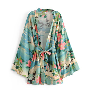 Boho Robe,Short Kimono ,Crane Floral Print