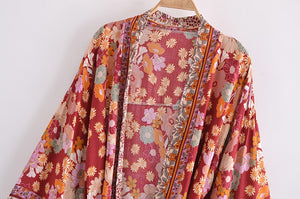 Red Floral Print ,Bohemian kimono ,Boho short robe Kimono