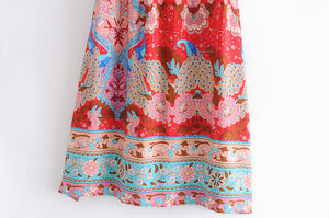 Red Floral Peacock Skirt, Maxi Skirt,Boho Skirt