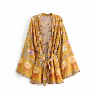 Boho Short Robe, Kimono Robe,Alisa Yellow Floral