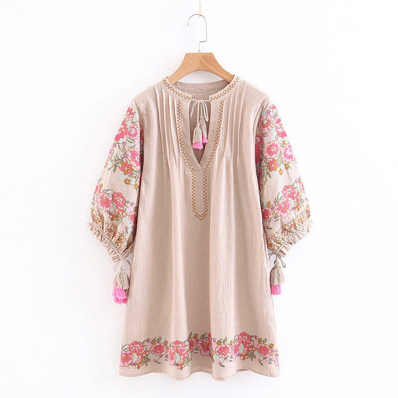 Linen Boho Dress,Flower Embroidery Bohemian Dress