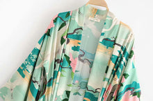 Load image into Gallery viewer, Boho Cover-ups, Kimono Robe,Green Crane Floral
