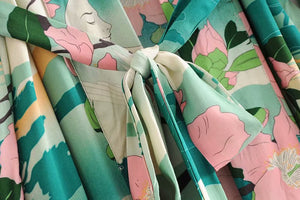 Boho Cover-ups, Kimono Robe,Green Crane Floral