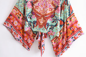 Peacock Floral Print, short  Kimono , beach Cover-ups