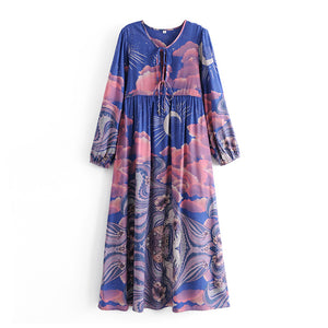 Star and Moon Print Boho Dress,Bohemian Maxi Sundress