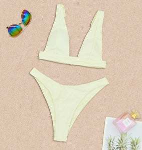 Solid High Waist， Bikini Swimsuit ， Swim Beachwear