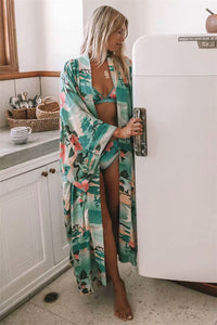 Boho Cover-ups, Kimono Robe,Green Crane Floral