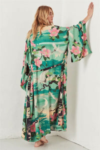 Boho Cover-ups, Kimono Robe,Green Crane Floral