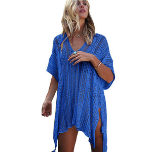 Solid Hollow Out, Bohemian Mini Dress,Boho Cover-ups