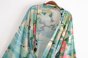 Boho Robe,Short Kimono ,Crane Floral Print